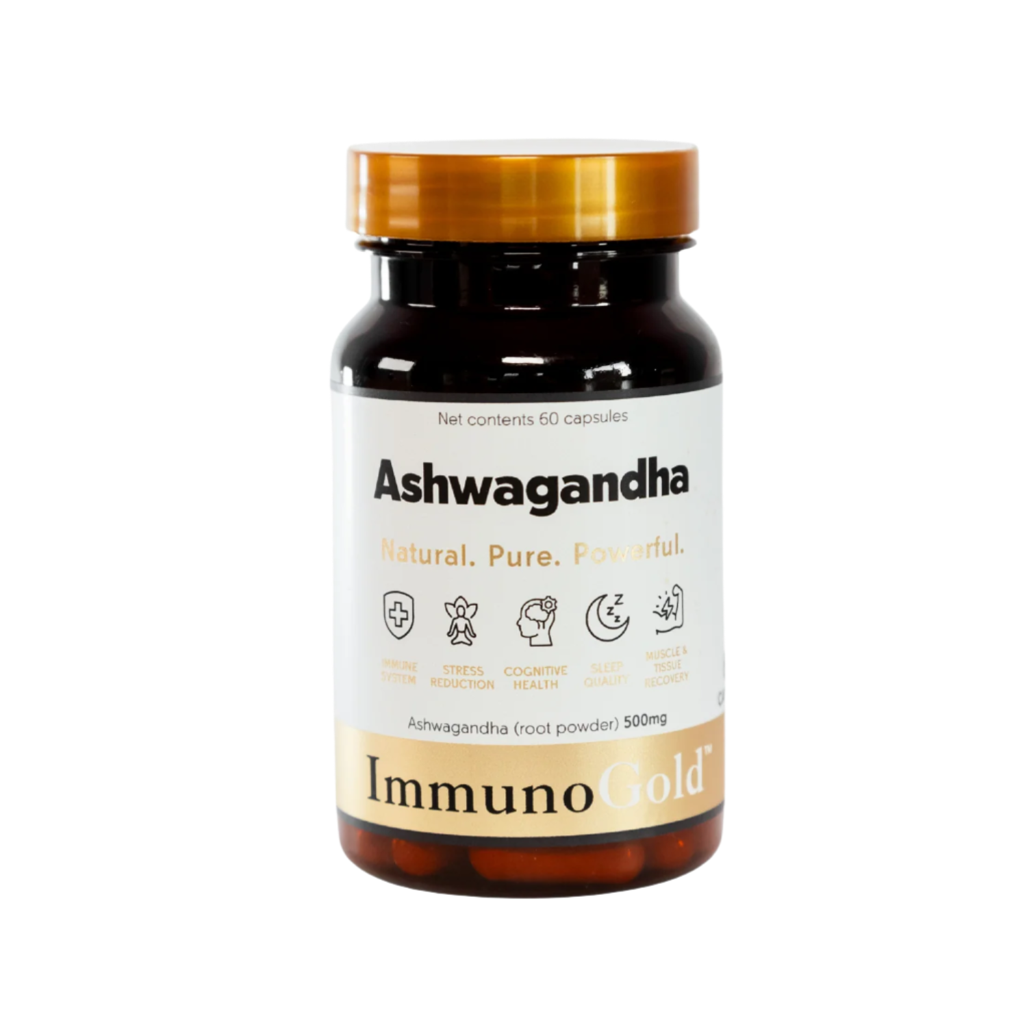 Jar of Ashwagandha supplement with gold lid on a white background