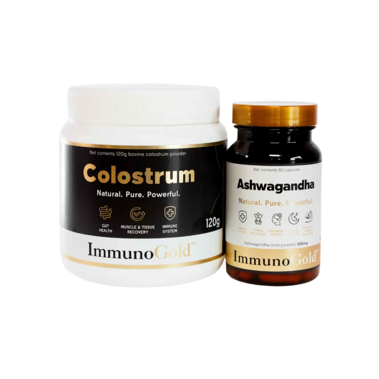 Two health supplement containers labeled 'Colostrum' and 'Ashwagandha' on a white background.