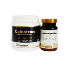 Two health supplement containers labeled 'Colostrum' and 'Ashwagandha' on a white background.
